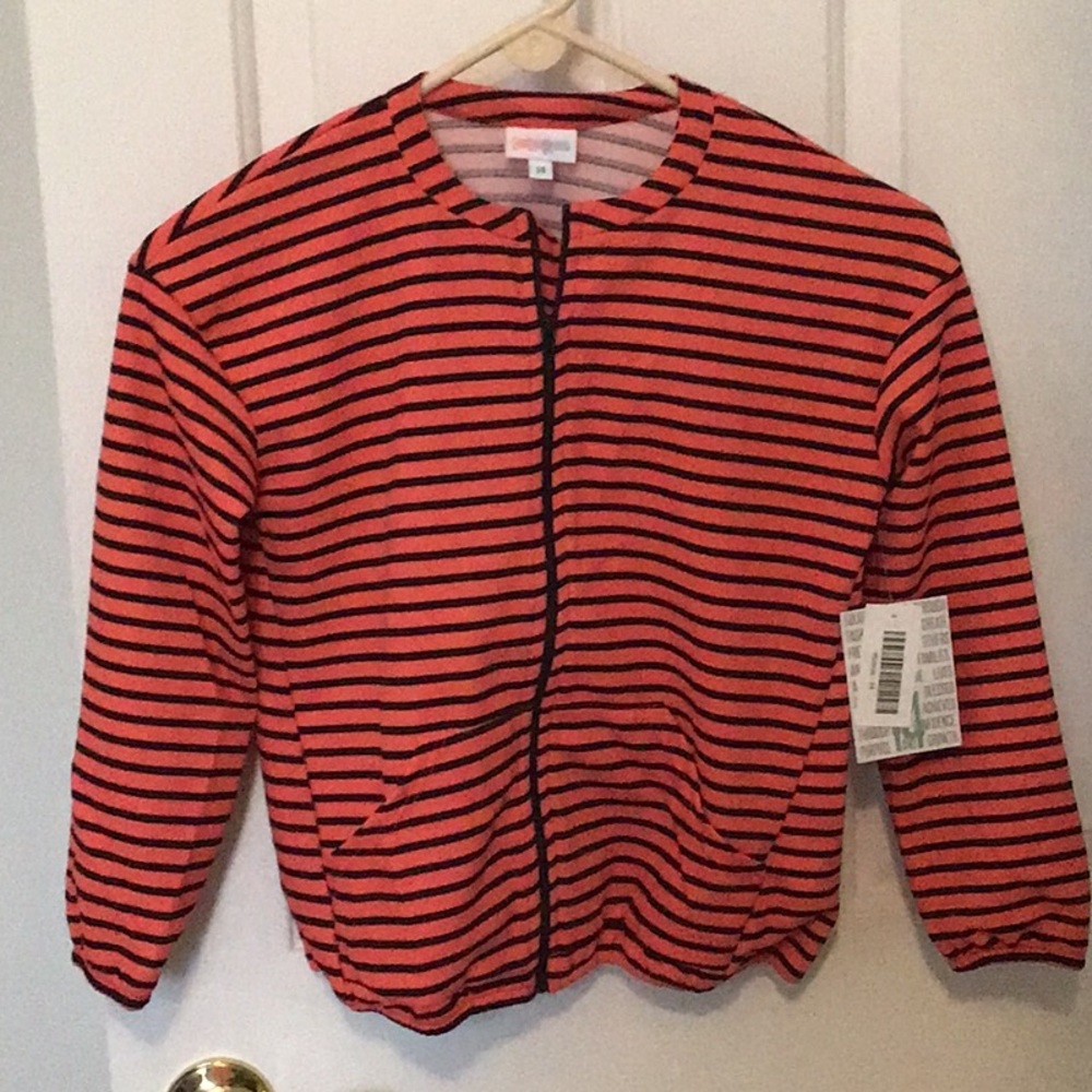 LuLaRoe Girls 14 Monroe Jacket Peach & Black Full Zip Pockets Stretch